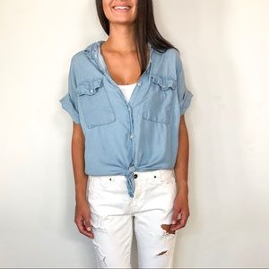 Short sleeve chambray tie front top